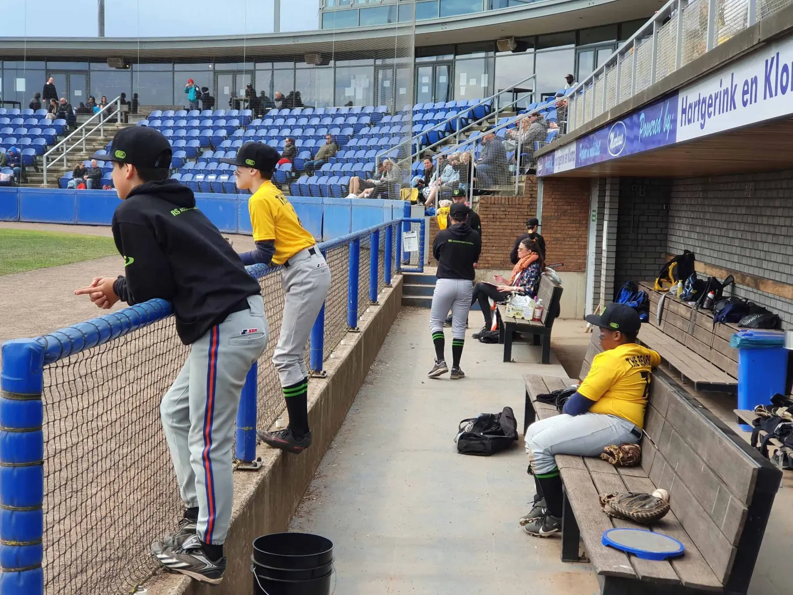 Jonge honkballers in gele shirts hangen over het hek van de dugout en kijken naar het veld, met een tribune erachter.