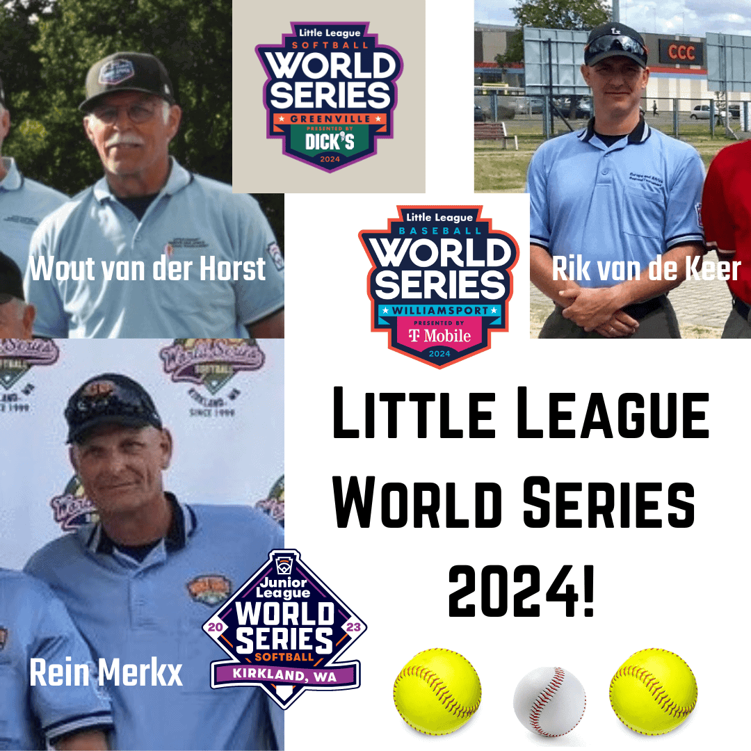 Collage van de umpires Wout van der Horst, Rik van de Keer en Rein Merkx met de logo's van de Little League World Series 2024.
