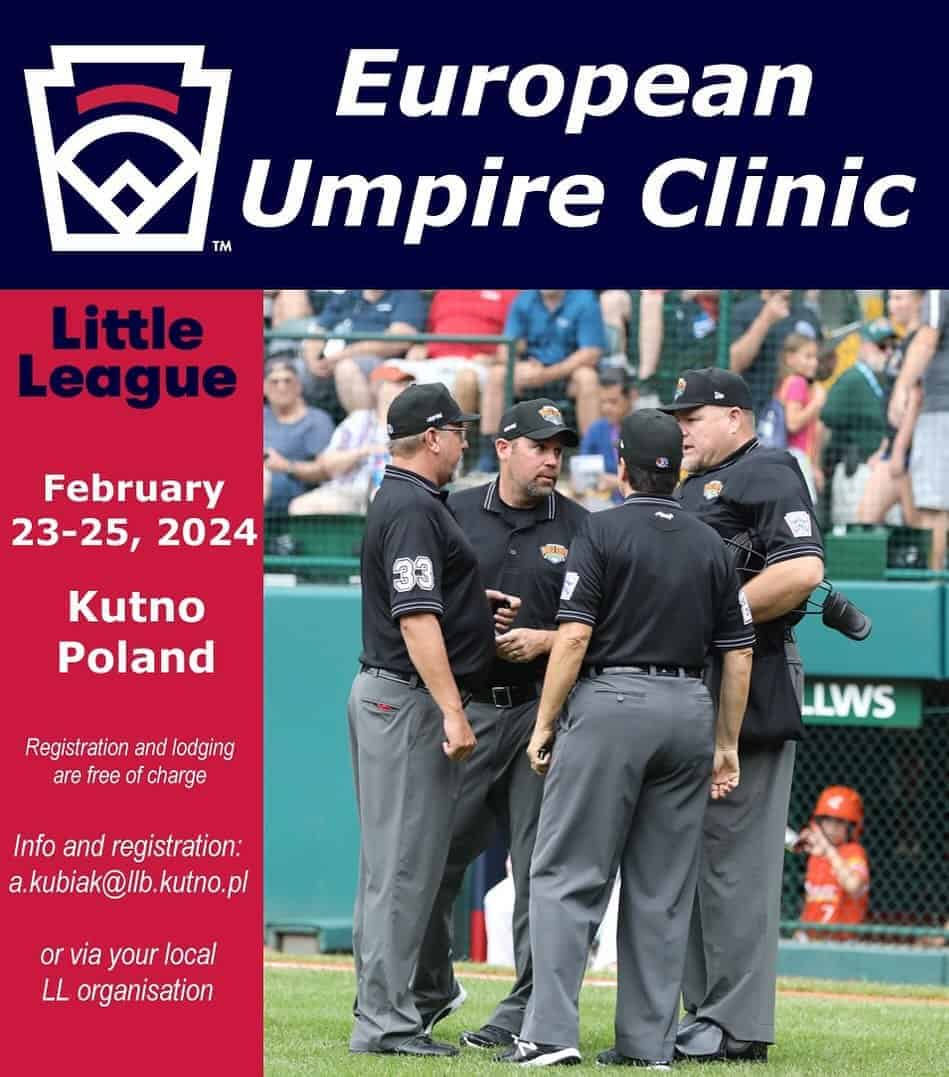 Poster van de European Umpire Clinic, 23 tot 25 februari 2024 in Kutno, Polen, met vier umpires in overleg op het veld.