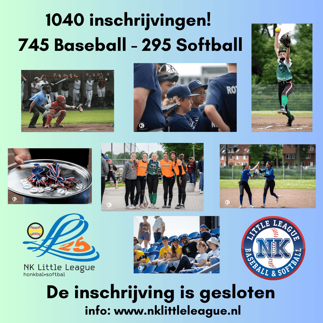 Aankondiging met foto's van honkbal en softbal en de tekst: 1040 inschrijvingen, 745 baseball, 295 softball, de inschrijving is gesloten.