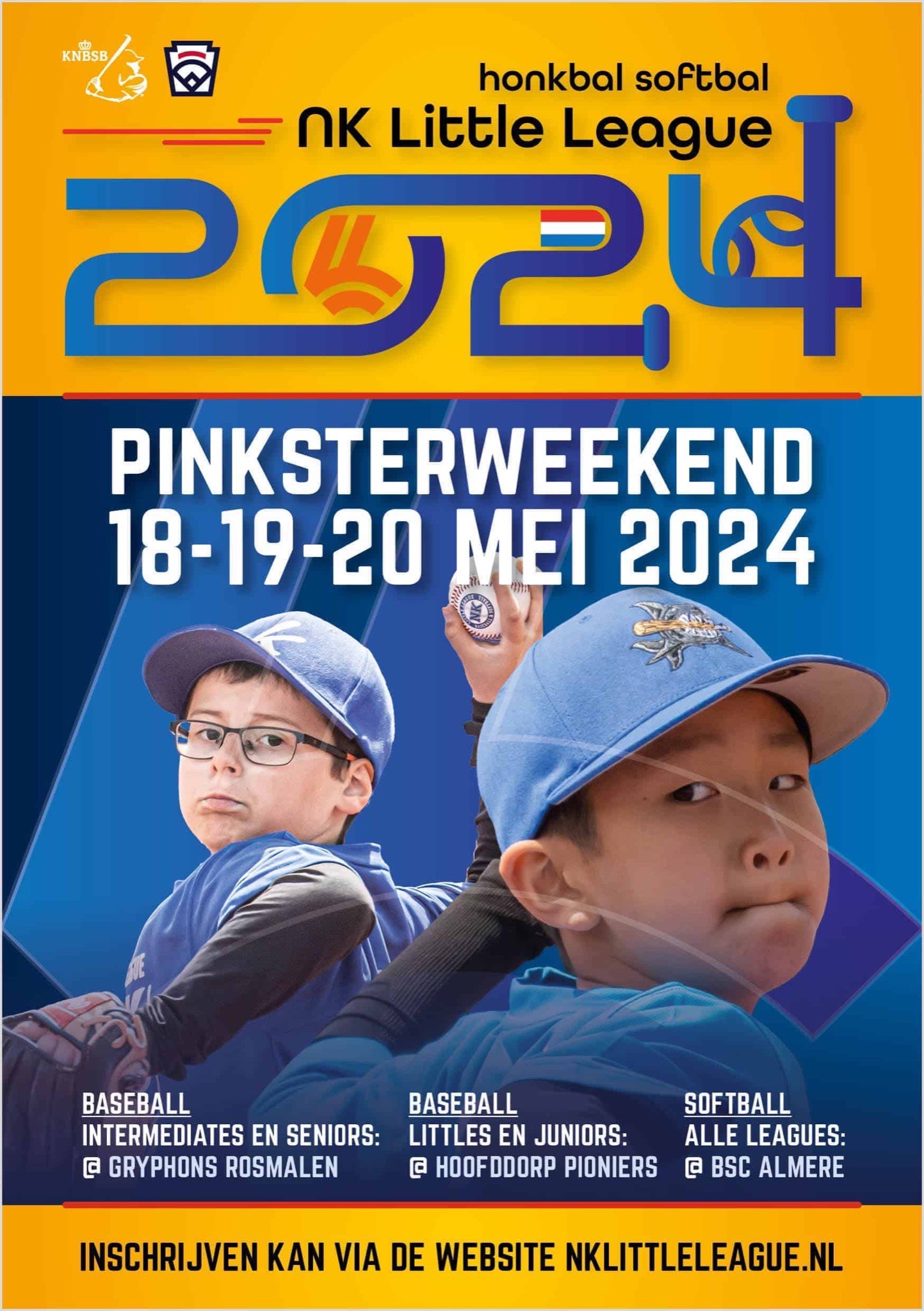 Flyer NK Little League 2024 met Pinksterweekend 18-19-20 mei 2024 en de locaties Gryphons Rosmalen, Hoofddorp Pioniers en BSC Almere.